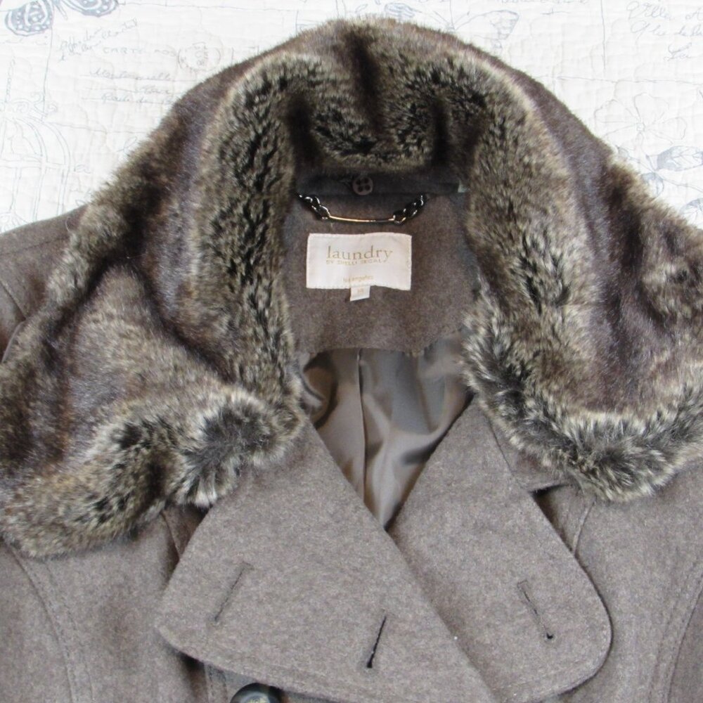 NEW Laundry Shelli Segal Wool Bld double brested Fit & Flare Coat fur trim 14 - Picture 3 of 8